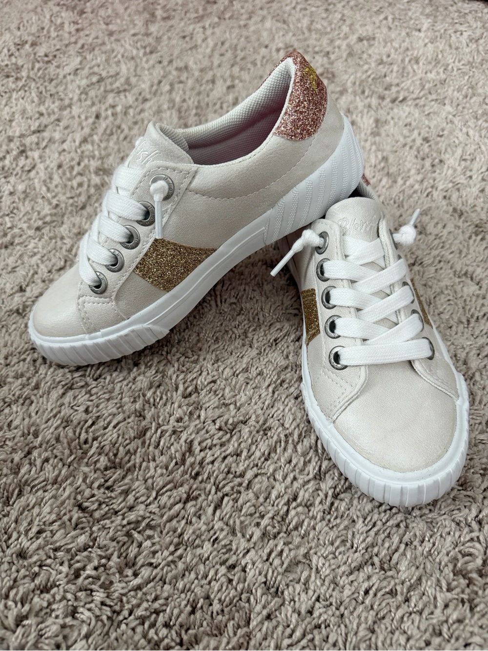 Blowfish Kids Sneakers in White with Gold and Pink Glitter Accents